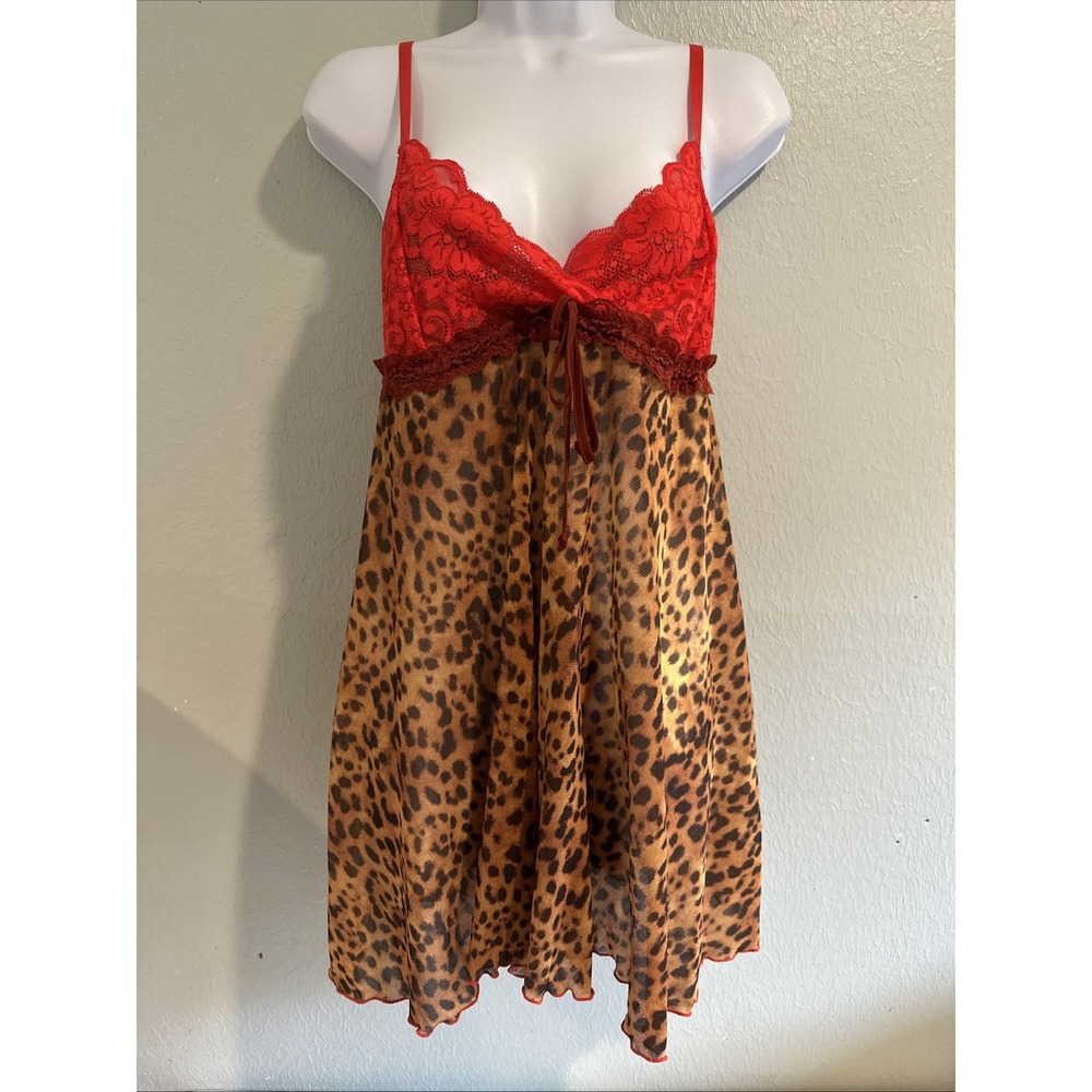 We Are Hah Free People Nightie Dress Slip Animal Print Red Lace Babydoll Funky L